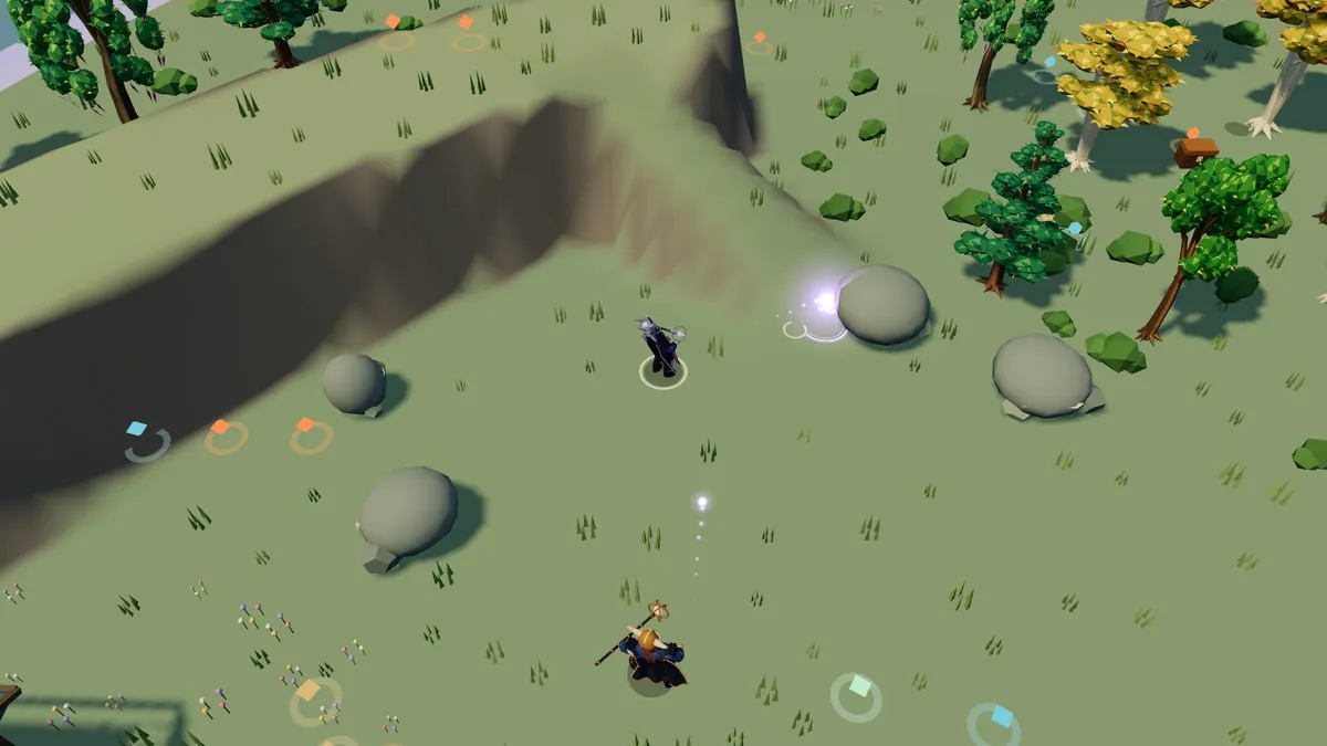 Two wizards duelling below a cliff with arcane bolts