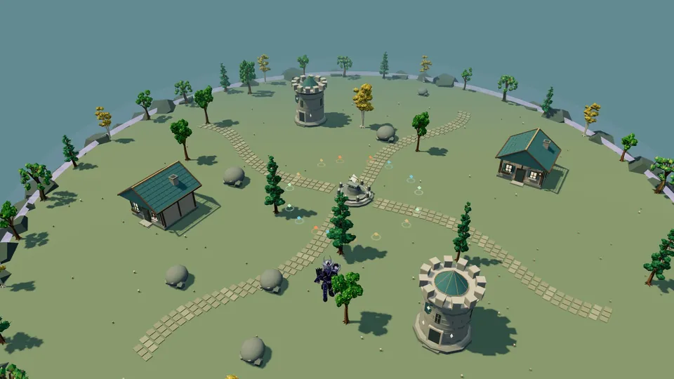 The Verdant Hollow arena with towers, cottages and the central forge